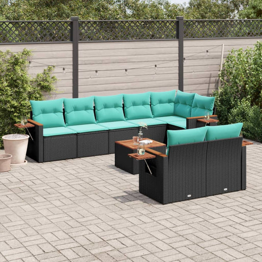 Set Divani da Giardino 9 pz con Cuscini Nero in Polyrattan - homemem39