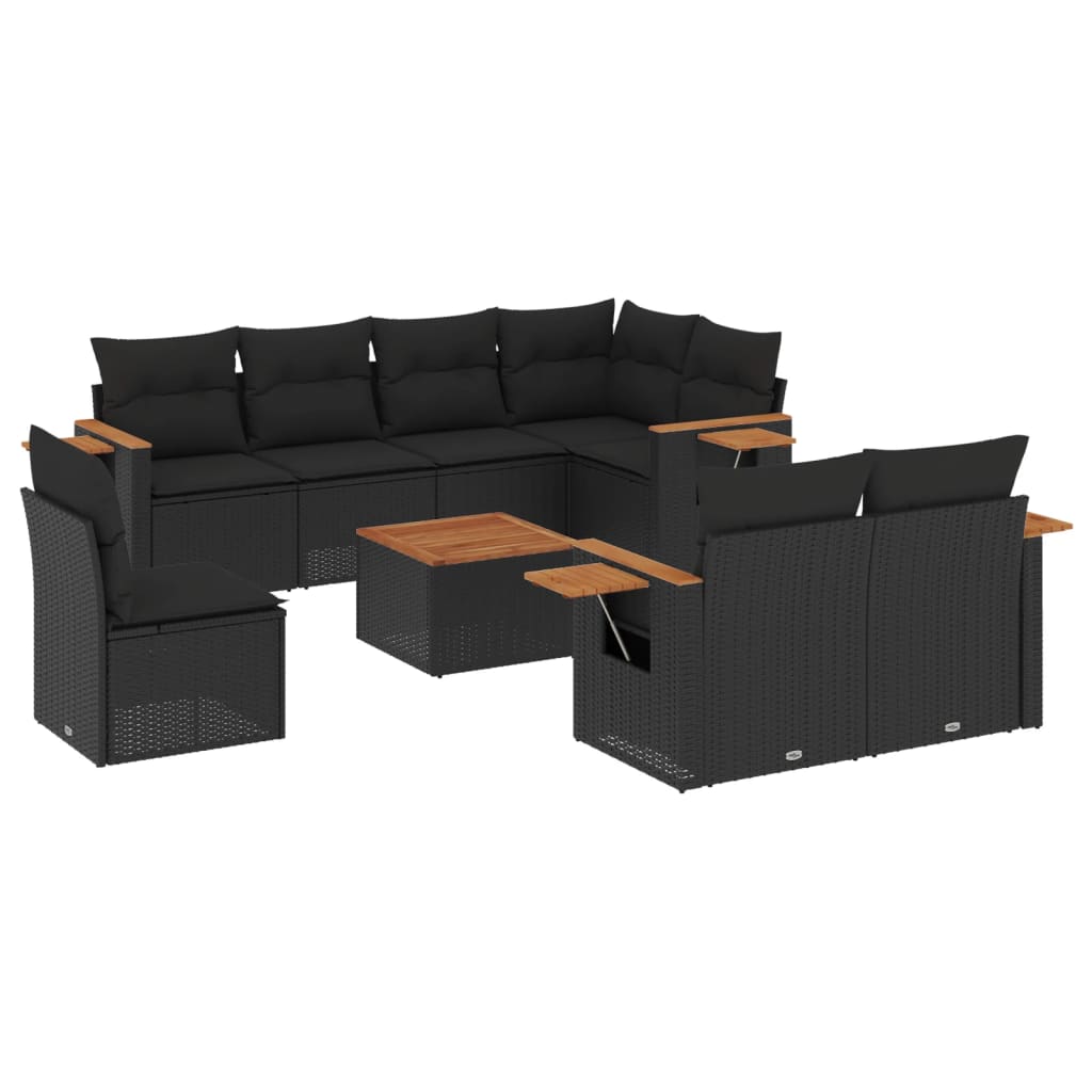 Set Divani da Giardino 9 pz con Cuscini Nero in Polyrattan - homemem39