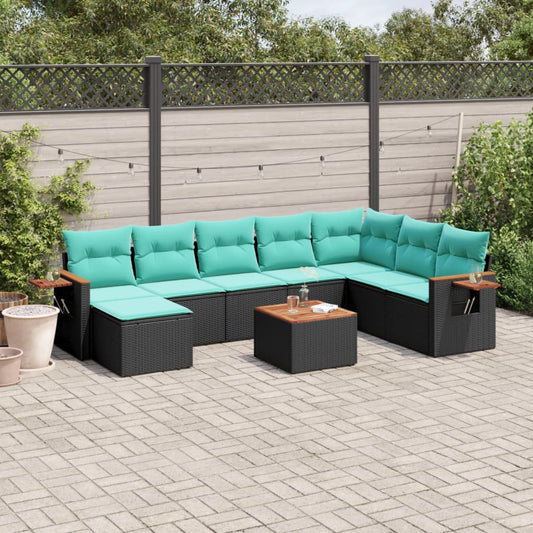 Set Divani da Giardino 9 pz con Cuscini Nero in Polyrattan - homemem39