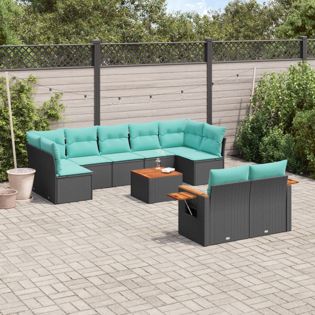Set Divani da Giardino 10 pz con Cuscini Nero in Polyrattan - homemem39