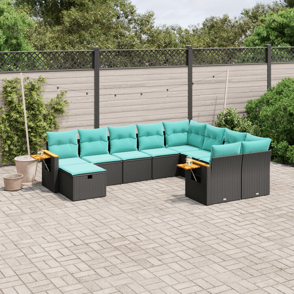 Set Divani da Giardino 10 pz con Cuscini Nero in Polyrattan - homemem39