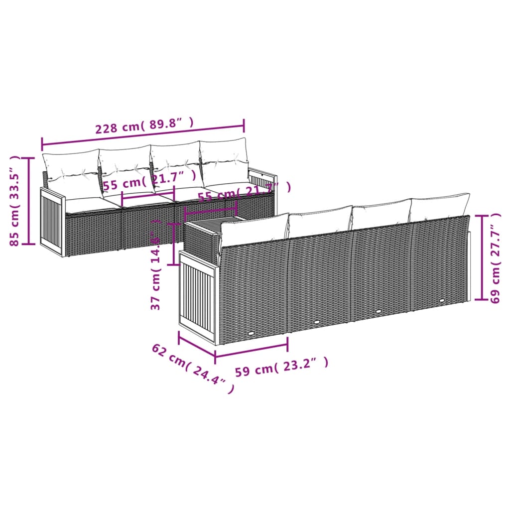 Set Divani da Giardino 9 pz con Cuscini Nero in Polyrattan | homemem39