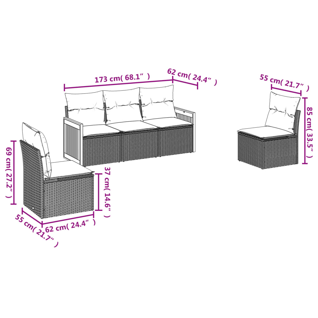 Set Divano da Giardino 5 pz con Cuscini Grigio in Polyrattan | homemem39