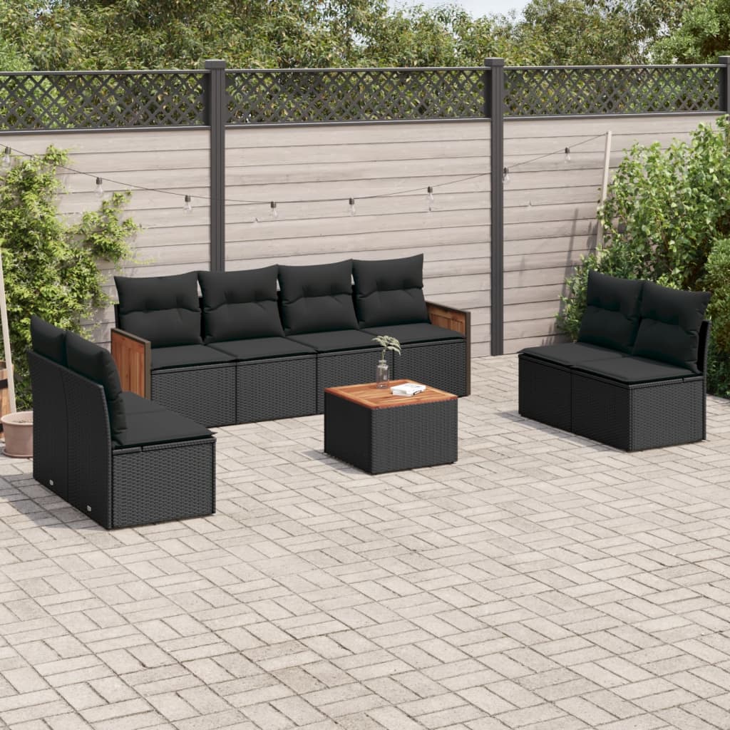 Set Divani da Giardino 9 pz con Cuscini Nero in Polyrattan - homemem39
