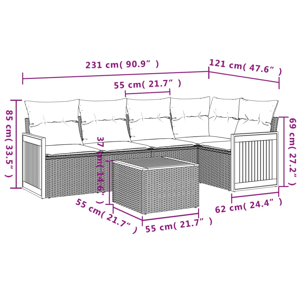 Set Divano da Giardino 6 pz con Cuscini Grigio in Polyrattan - homemem39