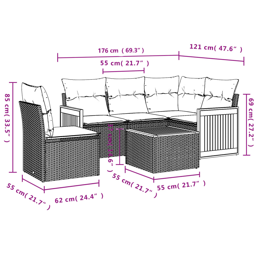 Set Divano da Giardino 6 pz con Cuscini Beige in Polyrattan