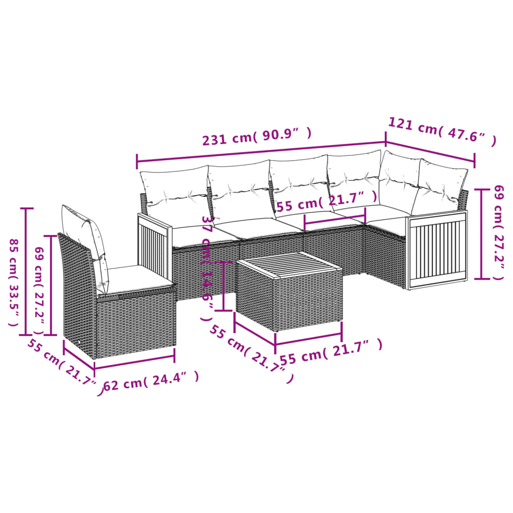 Set Divani da Giardino 7 pz con Cuscini Beige in Polyrattan | homemem39