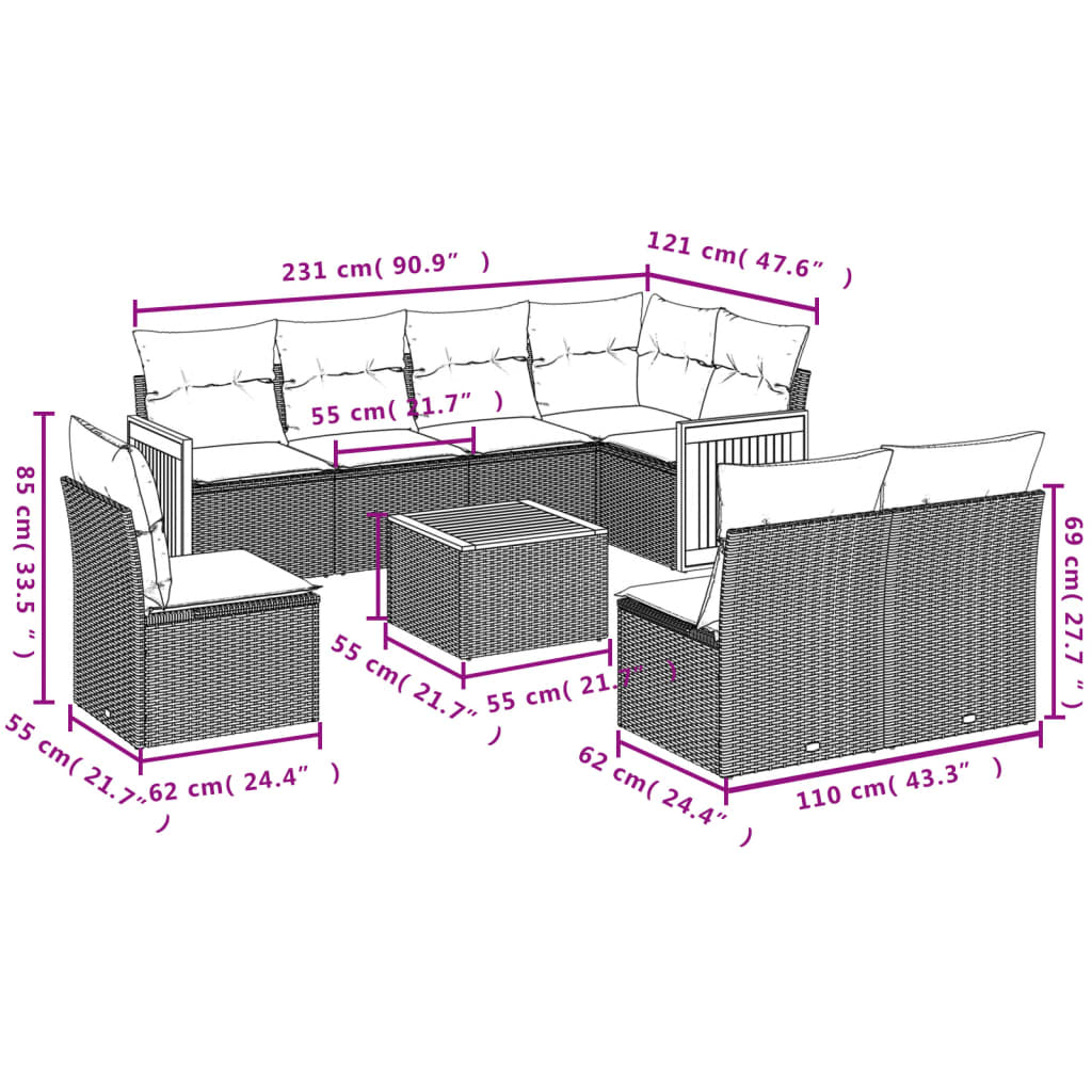 Set Divani da Giardino 9 pz con Cuscini Nero in Polyrattan | homemem39