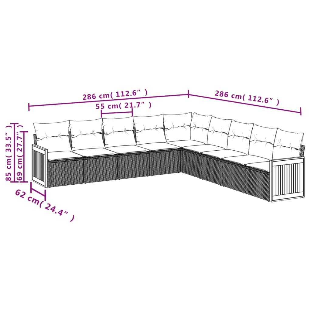 Set Divano da Giardino 9 pz con Cuscini Grigio in Polyrattan | homemem39