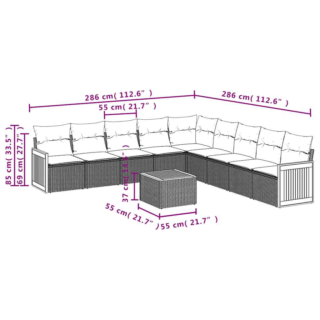 Set Divani da Giardino 10pz con Cuscini in Polyrattan Nero | homemem39