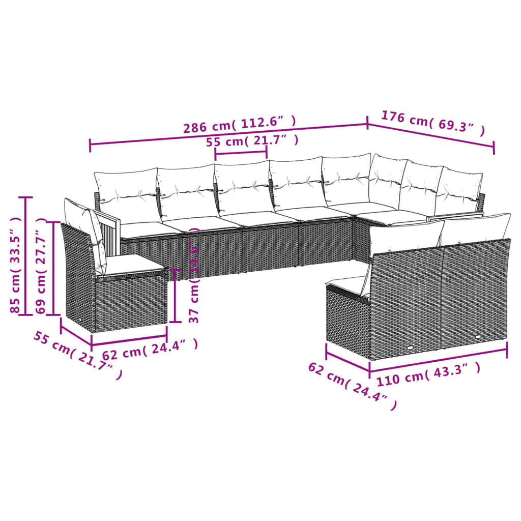 Set Divano da Giardino 10 pz con Cuscini Grigio in Polyrattan | homemem39