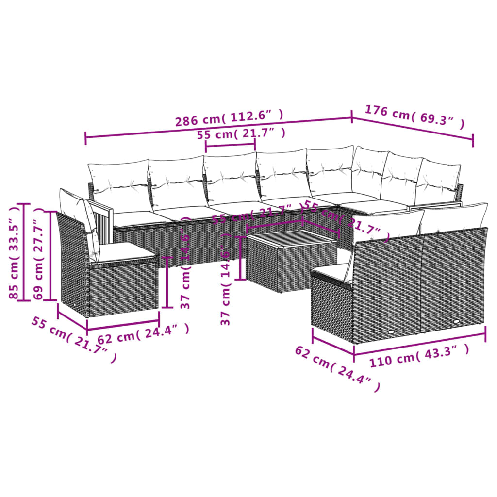 Set Divani da Giardino 11 pz con Cuscini Beige in Polyrattan | homemem39