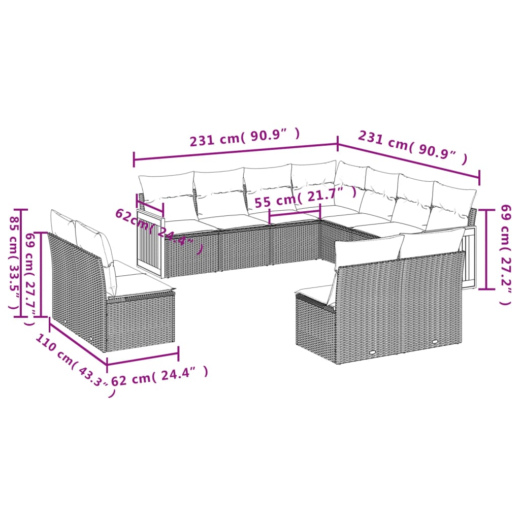 Set Divani da Giardino 11 pz con Cuscini in Polyrattan Grigio | homemem39