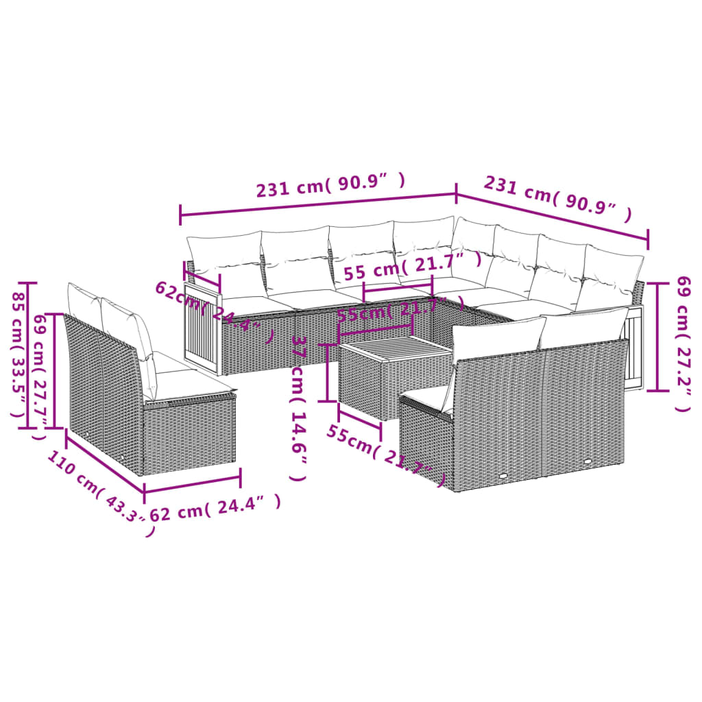 Set Divani da Giardino 12 pz con Cuscini Nero in Polyrattan | homemem39