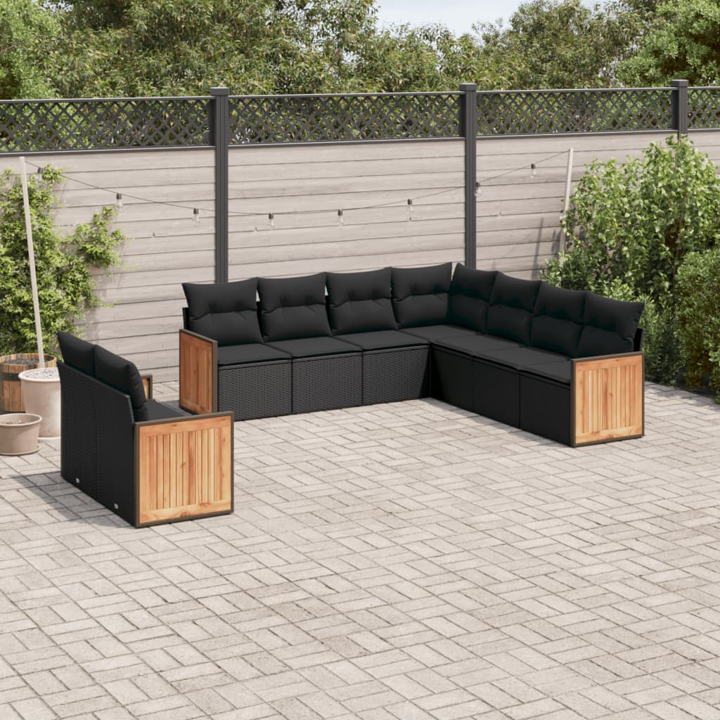Set Divani da Giardino 9 pz con Cuscini Nero in Polyrattan | homemem39