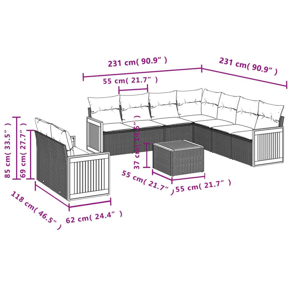 Set Divano da Giardino 10 pz con Cuscini Grigio in Polyrattan | homemem39