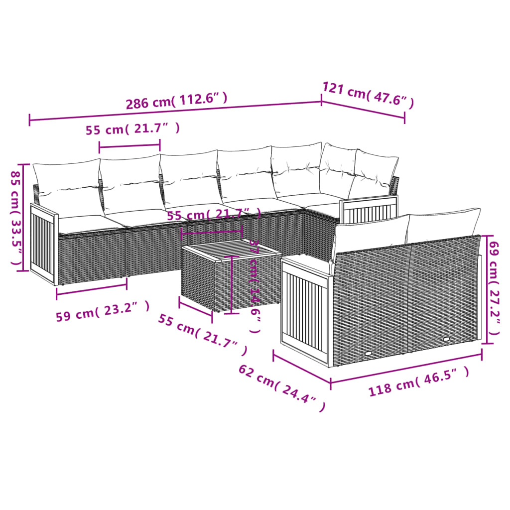 Set Divani da Giardino 9 pz con Cuscini Nero in Polyrattan | homemem39
