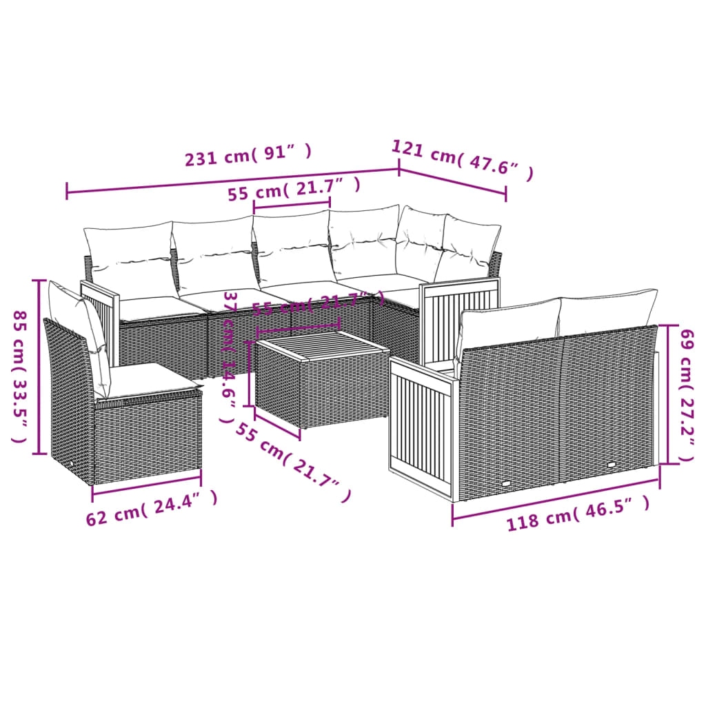 Set Divano da Giardino 9 pz con Cuscini Beige in Polyrattan | homemem39