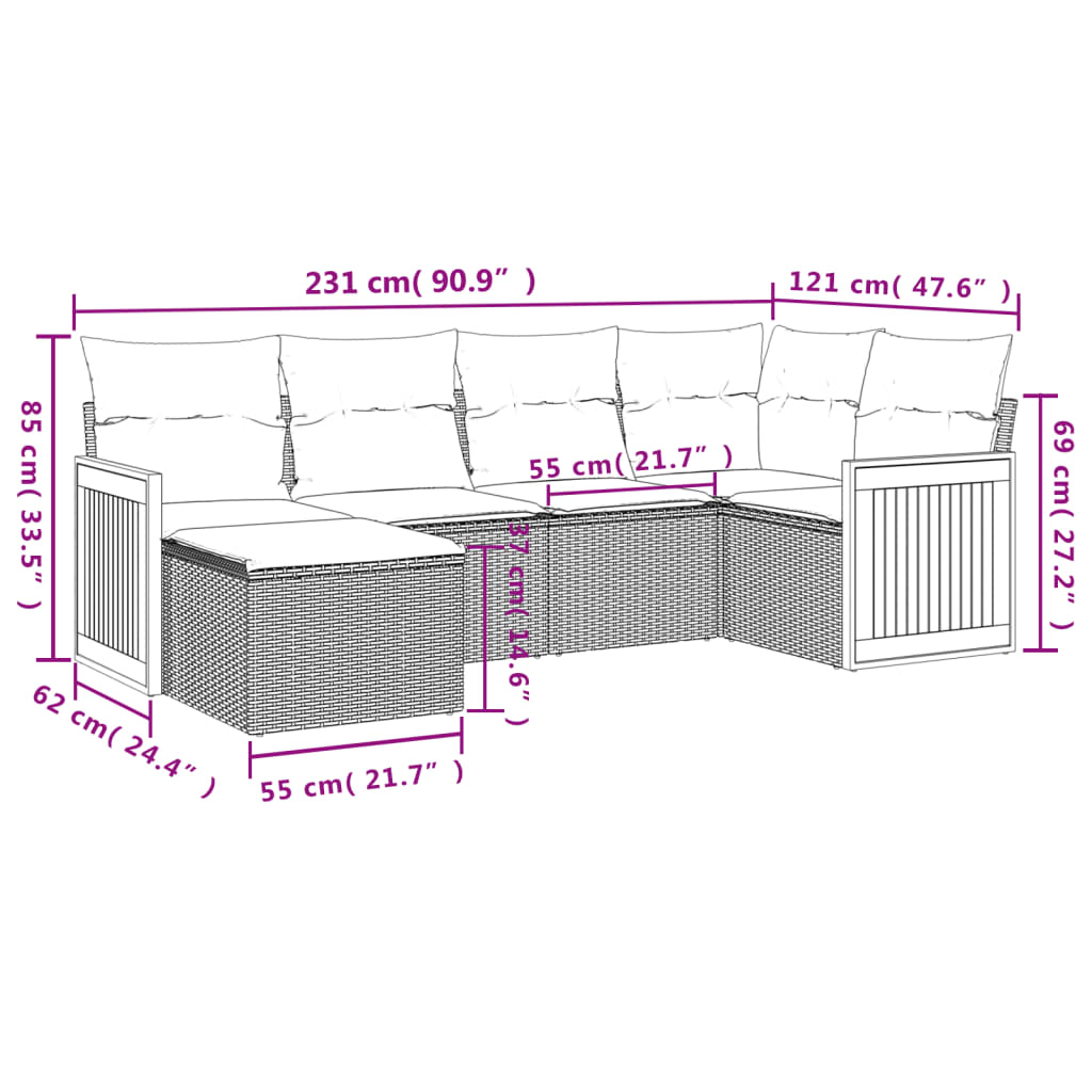 Set Divano da Giardino 6 pz con Cuscini Nero in Polyrattan | homemem39
