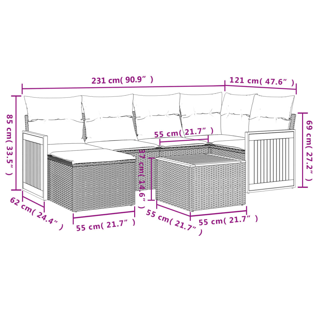 Set Divani da Giardino 7 pz con Cuscini Grigio in Polyrattan | homemem39