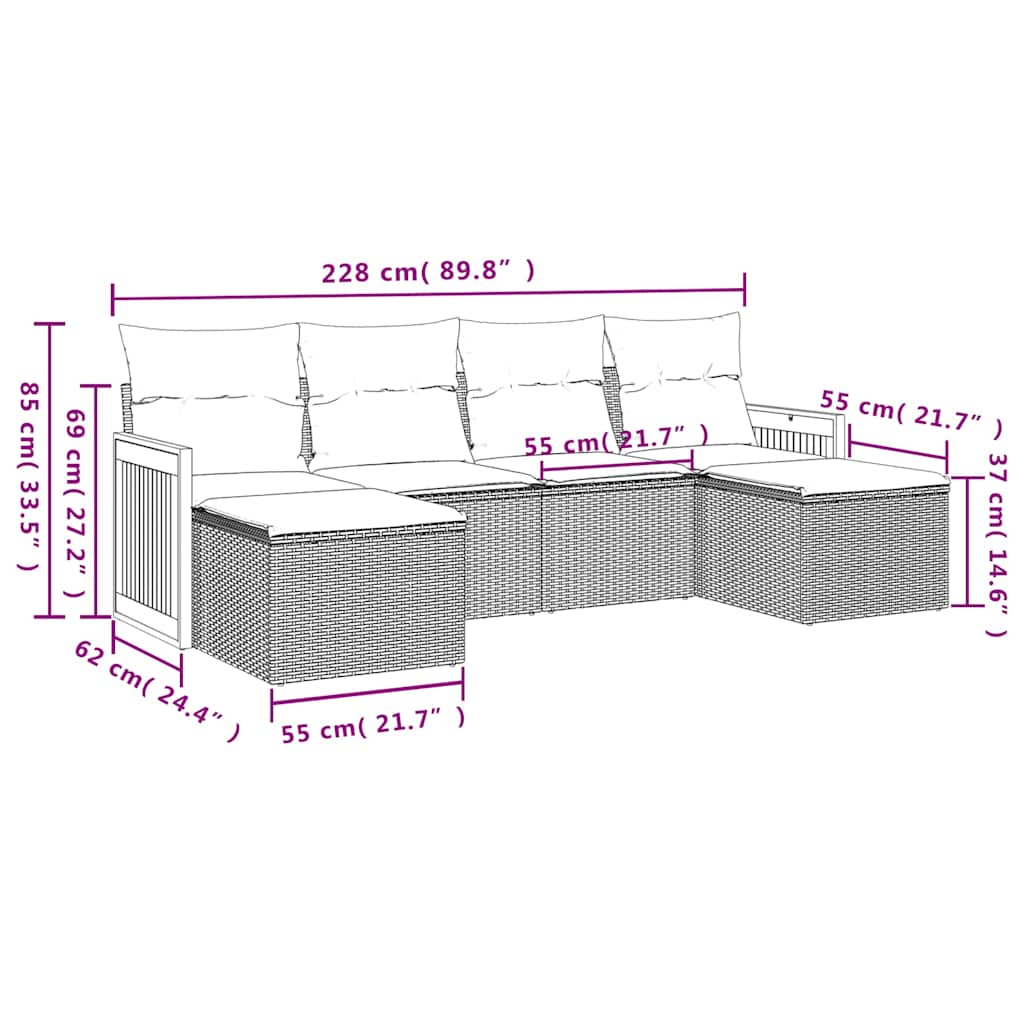 Set Divano da Giardino 6 pz con Cuscini Nero in Polyrattan | homemem39