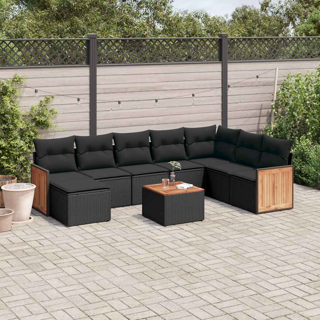 Set Divani da Giardino 9 pz con Cuscini Nero in Polyrattan | homemem39