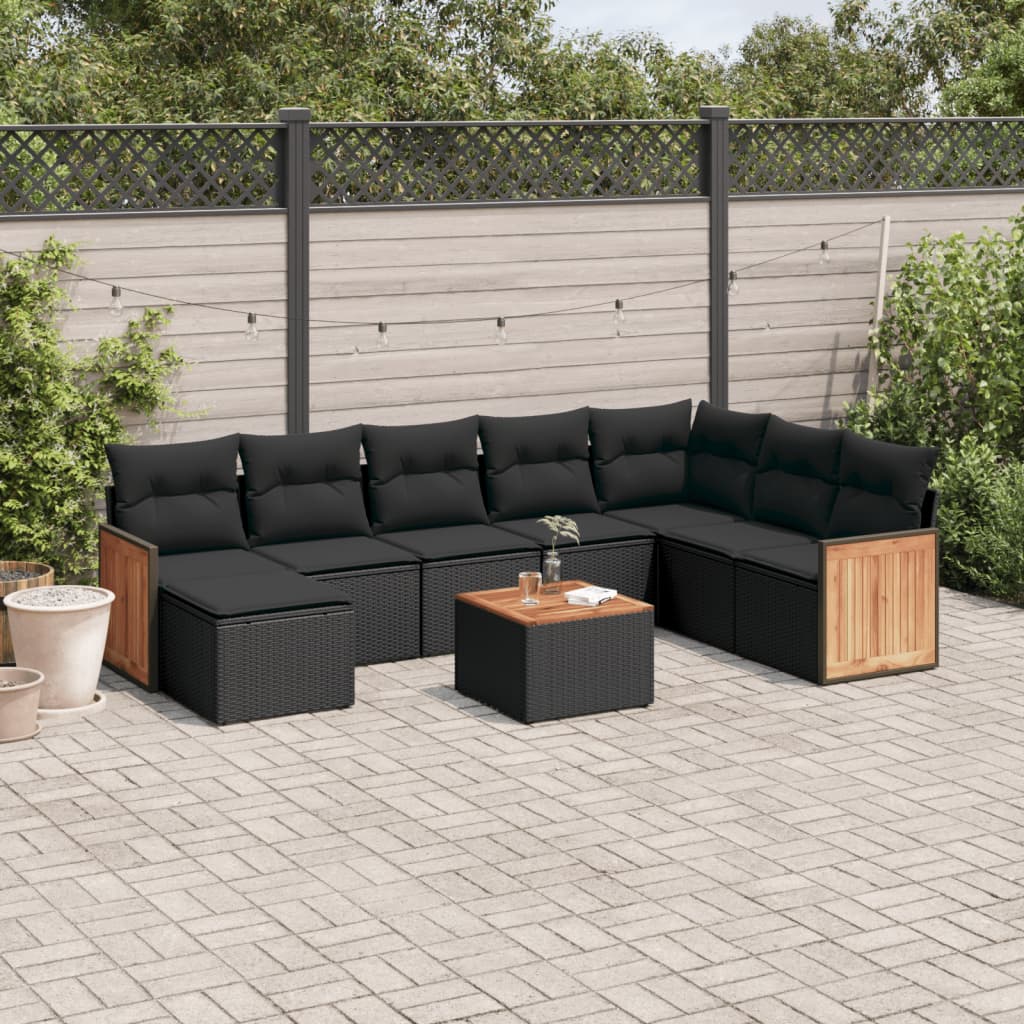 Set Divani da Giardino 9 pz con Cuscini Nero in Polyrattan - homemem39