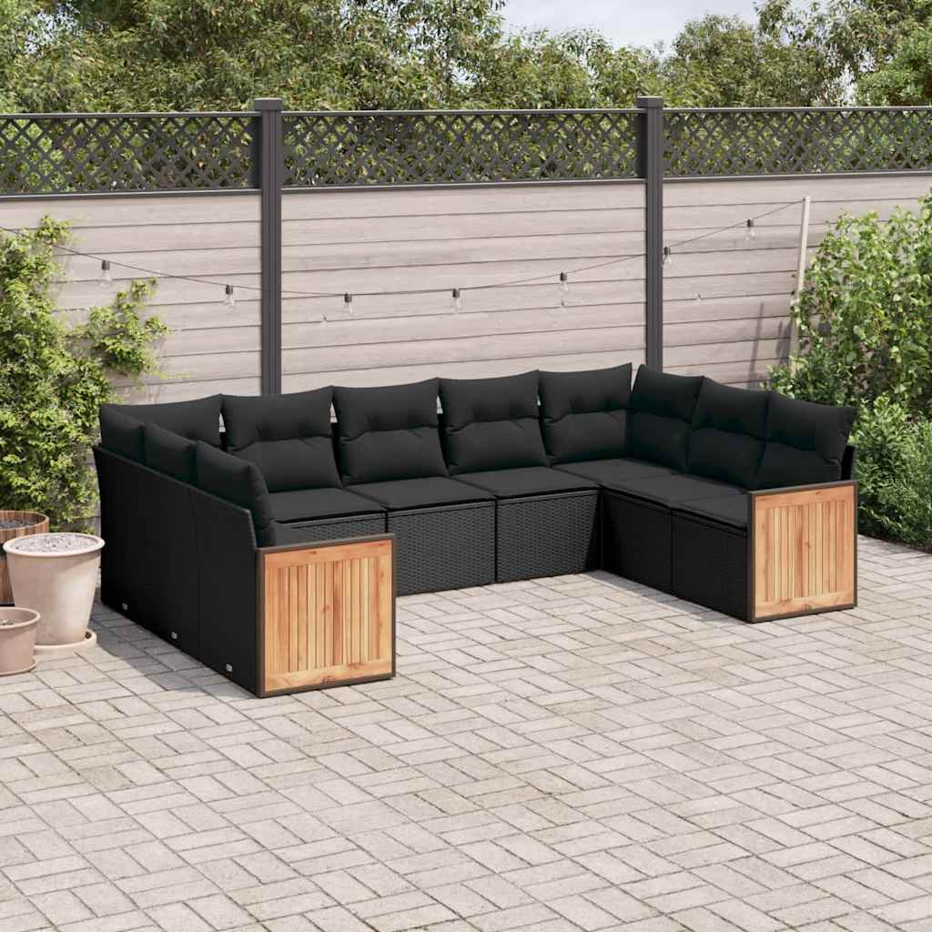 Set Divani da Giardino 9 pz con Cuscini Nero in Polyrattan | homemem39