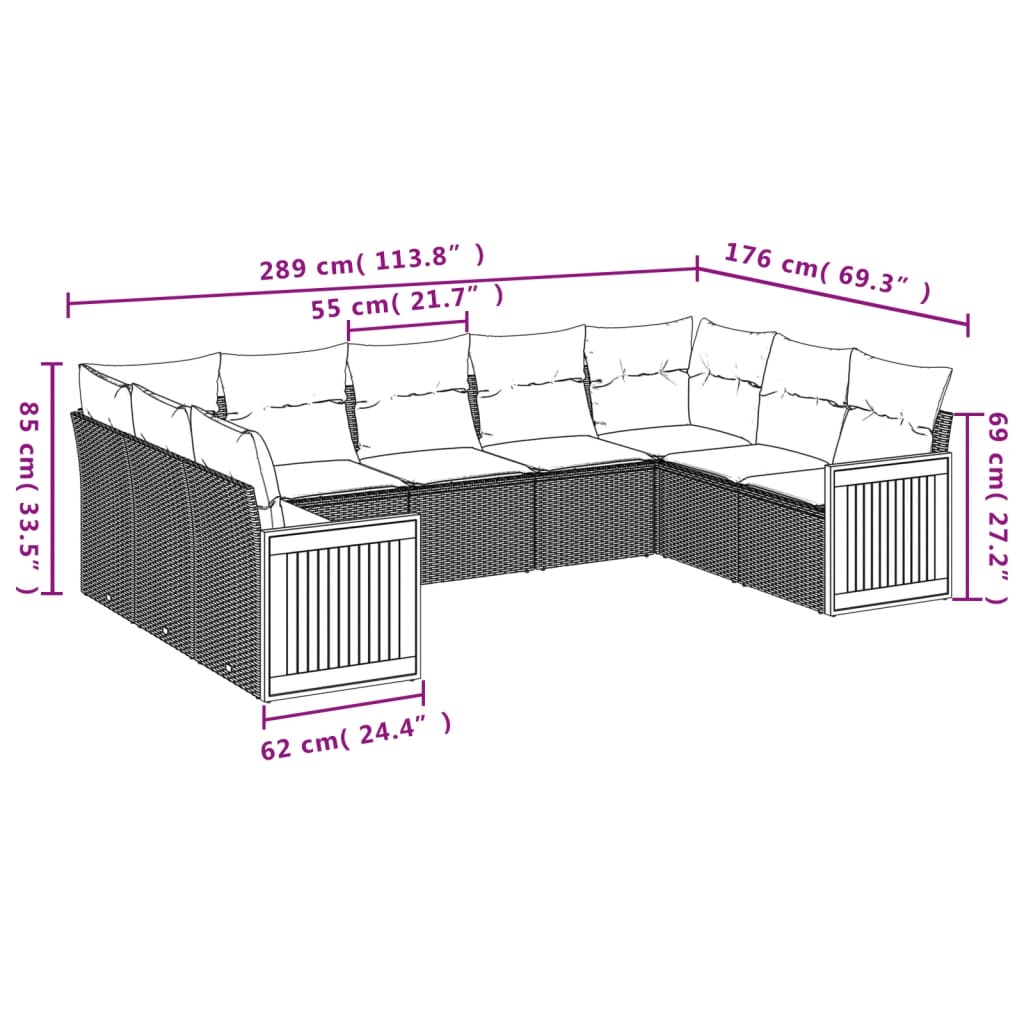 Set Divani da Giardino 9 pz con Cuscini Nero in Polyrattan | homemem39