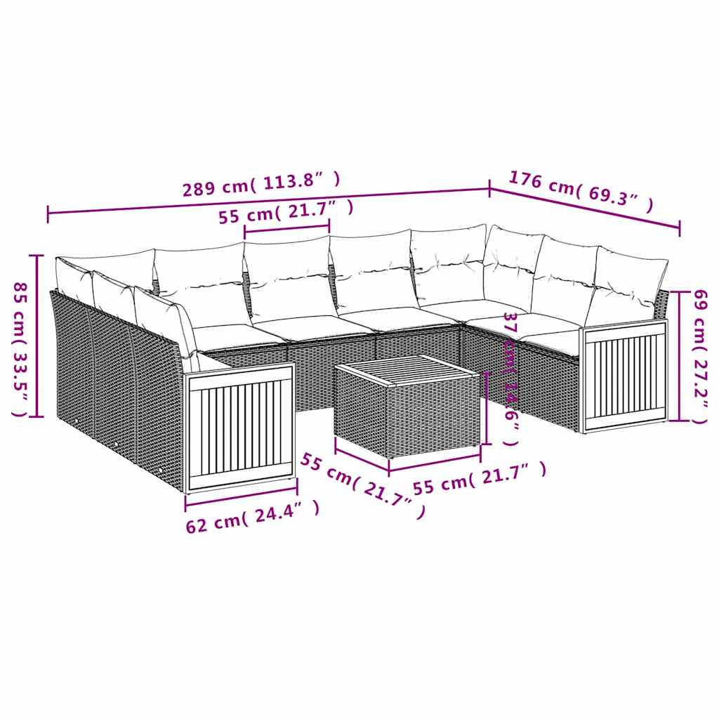 Set Divani da Giardino 10pz con Cuscini in Polyrattan Nero | homemem39