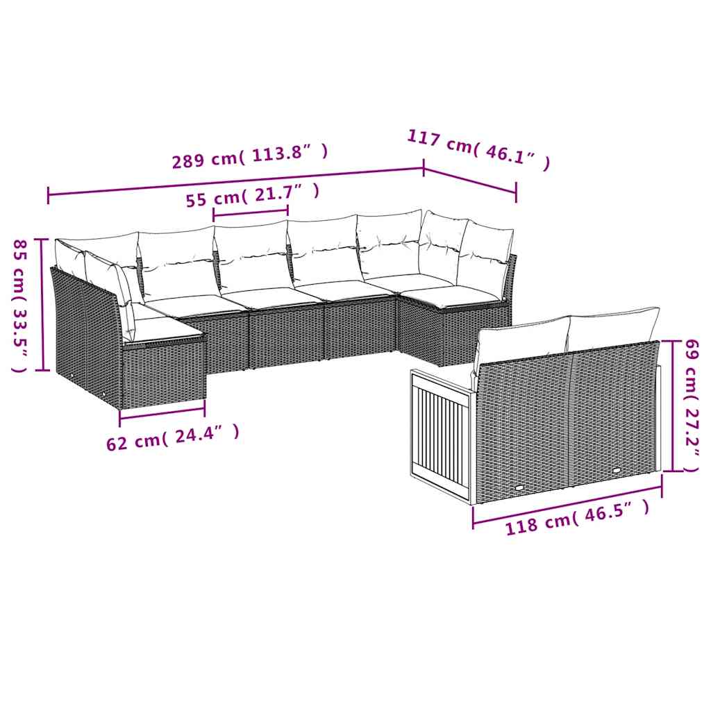 Set Divani da Giardino 9 pz con Cuscini Nero in Polyrattan | homemem39