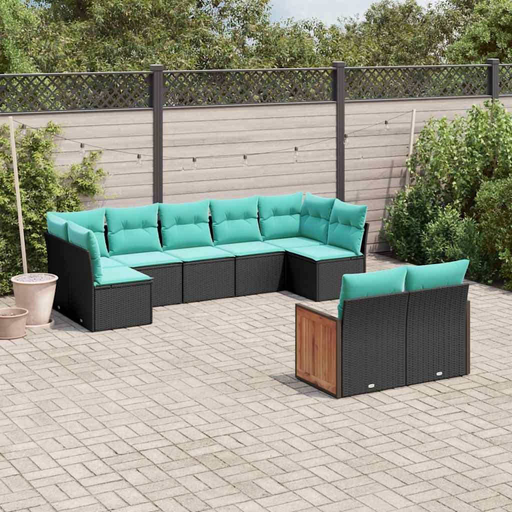 Set Divani da Giardino 9 pz con Cuscini Nero in Polyrattan | homemem39