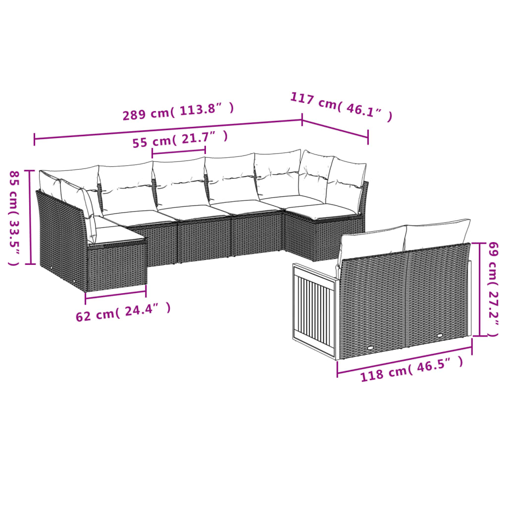 Set Divano da Giardino 9 pz con Cuscini Grigio in Polyrattan | homemem39