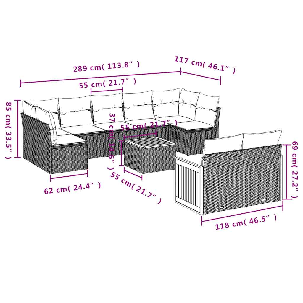 Set Divani da Giardino 10pz con Cuscini in Polyrattan Nero | homemem39