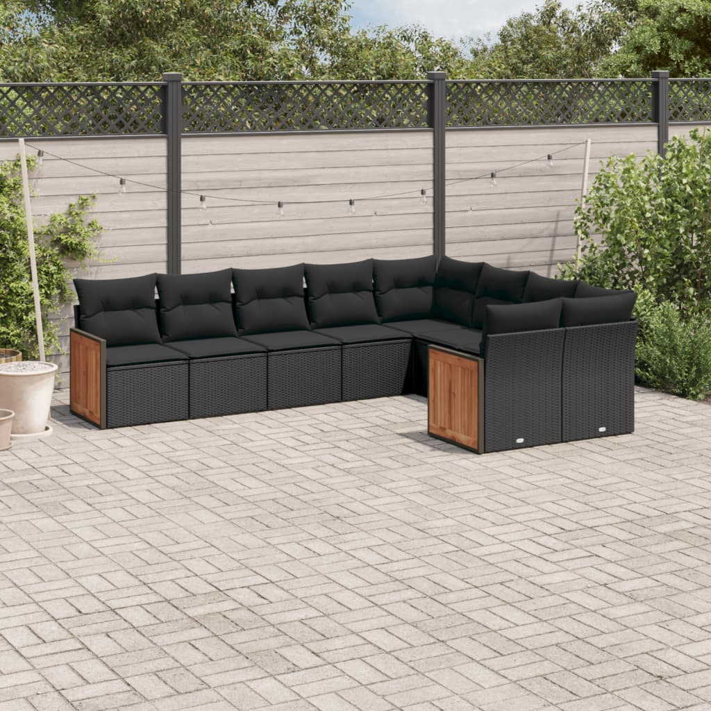 Set Divani da Giardino 9 pz con Cuscini Nero in Polyrattan - homemem39