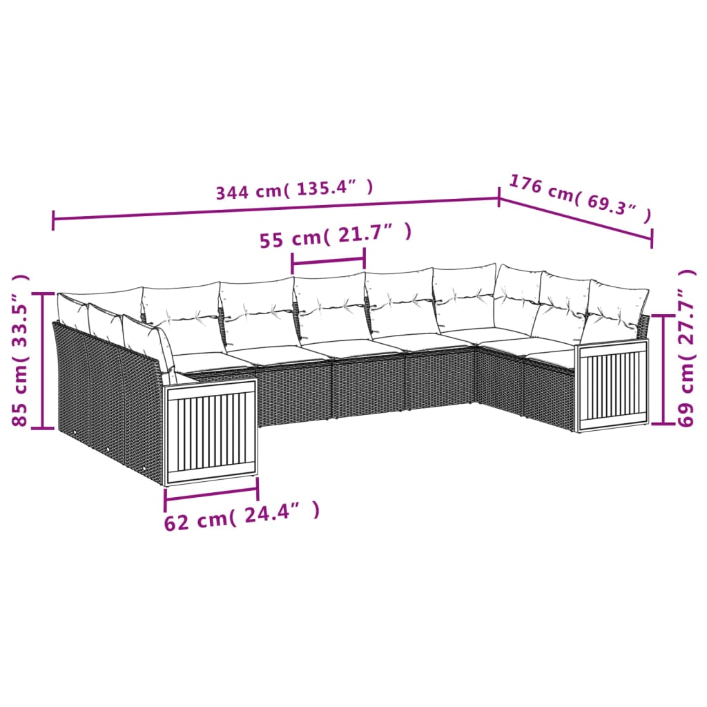 Set Divano da Giardino 10 pz con Cuscini Beige in Polyrattan | homemem39