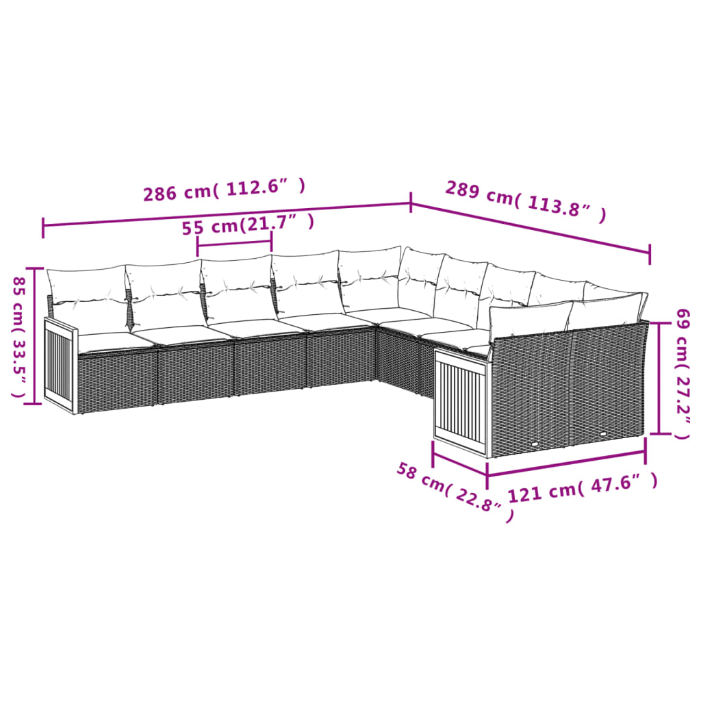 Set Divano da Giardino 10 pz con Cuscini Grigio in Polyrattan | homemem39