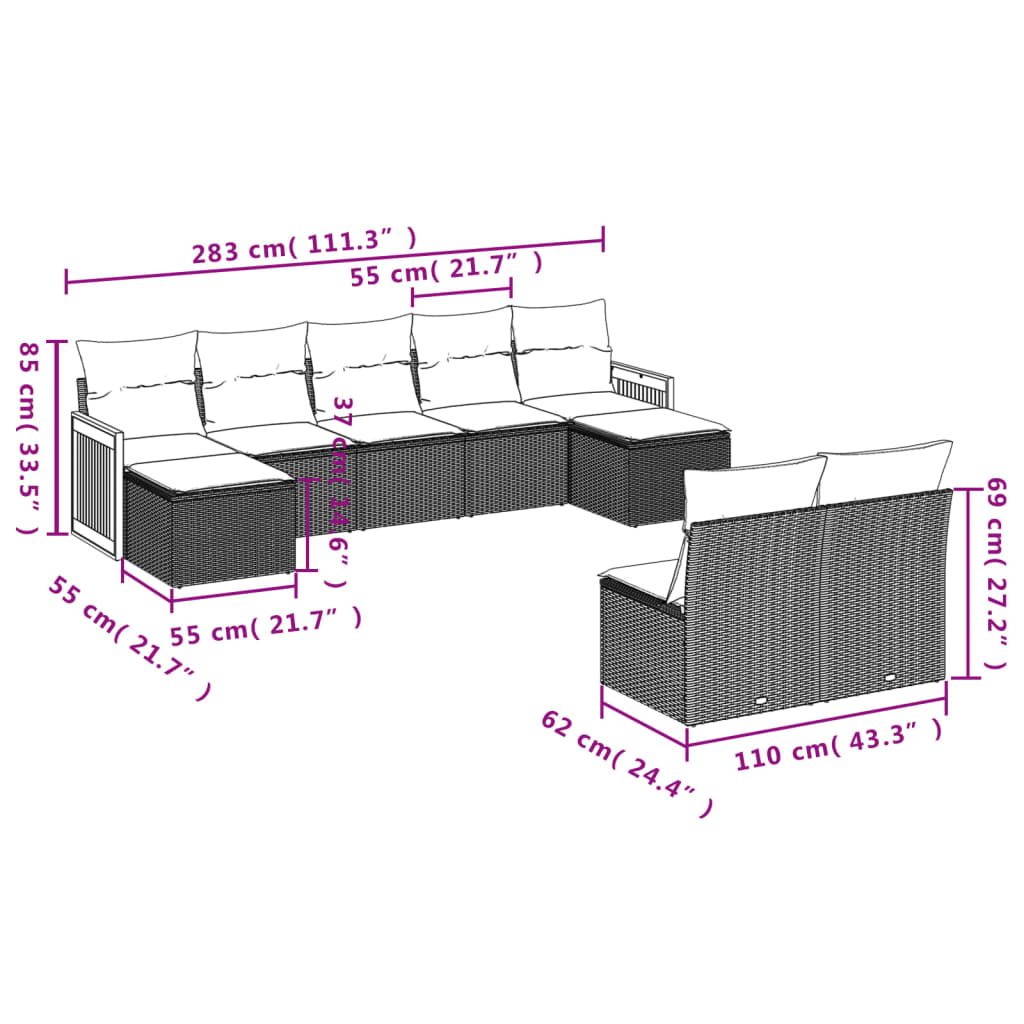 Set Divano da Giardino 9 pz con Cuscini Grigio in Polyrattan | homemem39