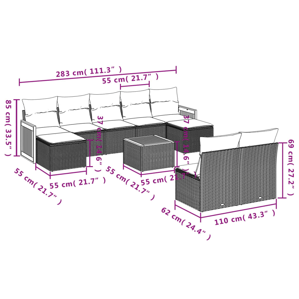 Set Divani da Giardino 10pz con Cuscini in Polyrattan Nero | homemem39