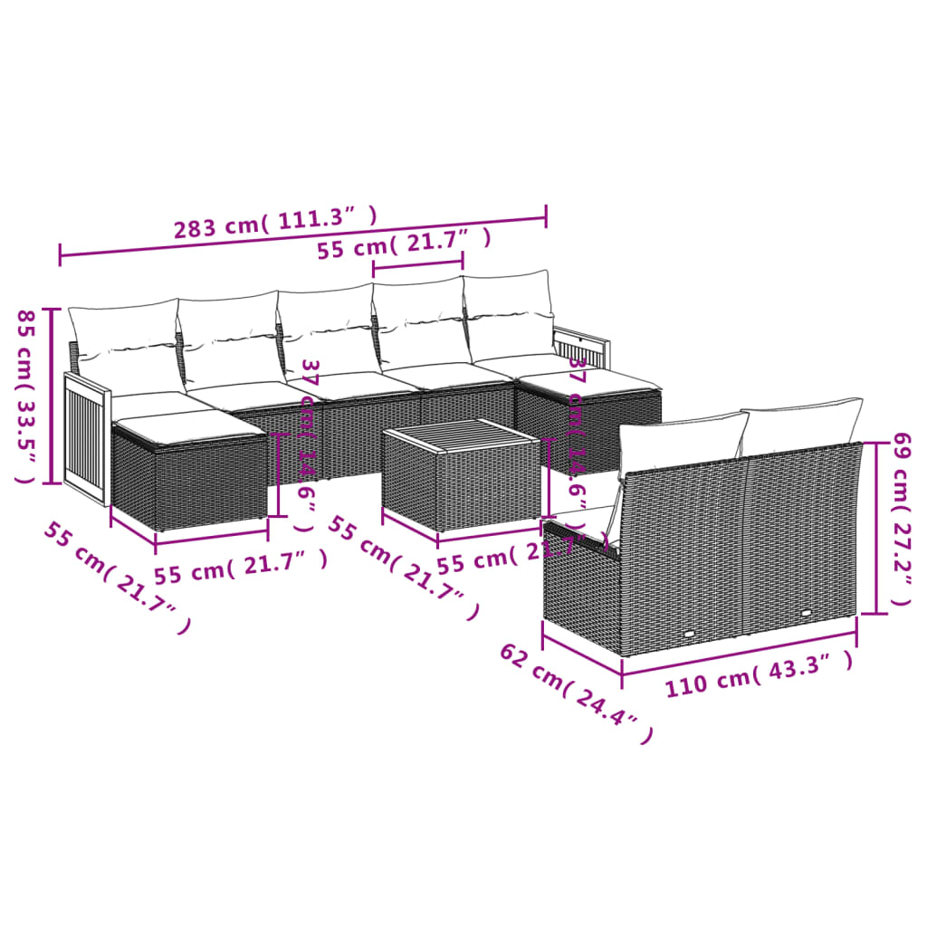 Set Divano da Giardino 10 pz con Cuscini Beige in Polyrattan | homemem39