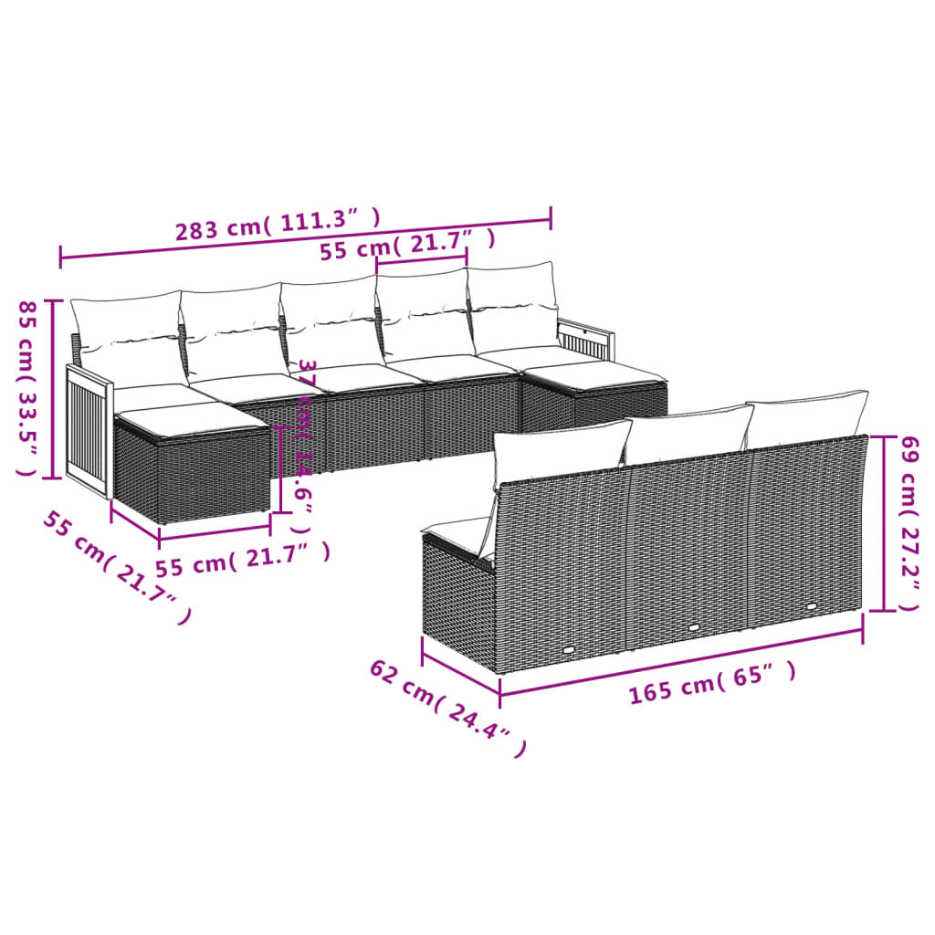 Set Divano da Giardino 10 pz con Cuscini Grigio in Polyrattan | homemem39