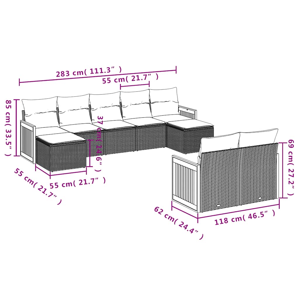 Set Divani da Giardino 9 pz con Cuscini Nero in Polyrattan | homemem39
