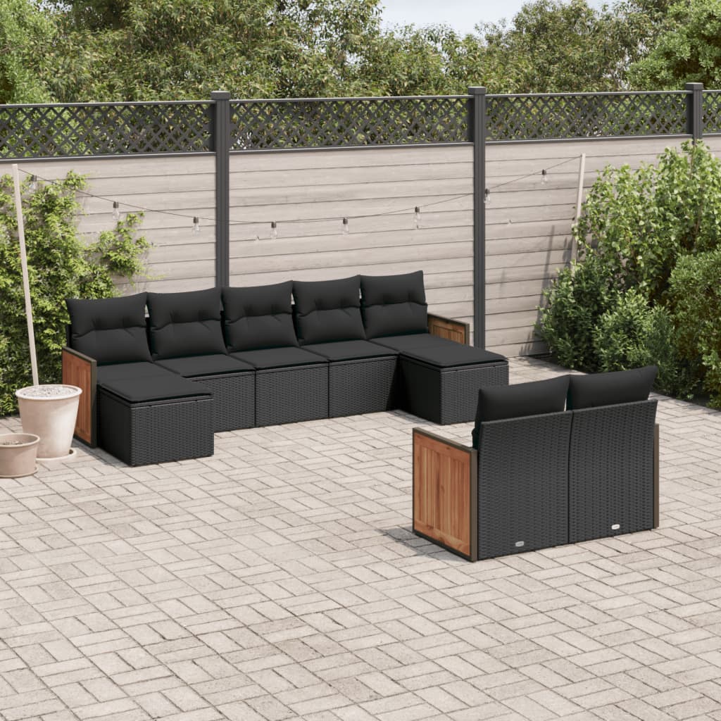 Set Divani da Giardino 9 pz con Cuscini Nero in Polyrattan - homemem39