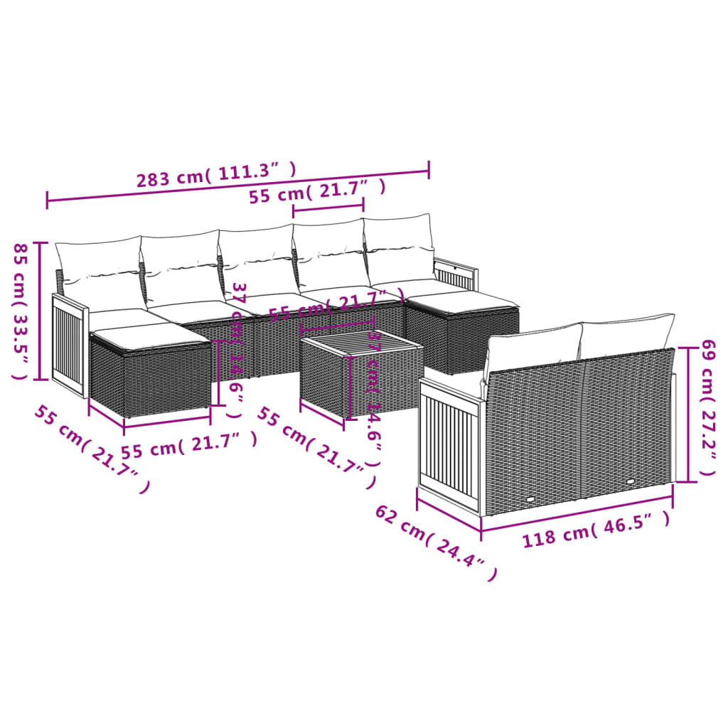 Set Divano da Giardino 10 pz con Cuscini Grigio in Polyrattan | homemem39