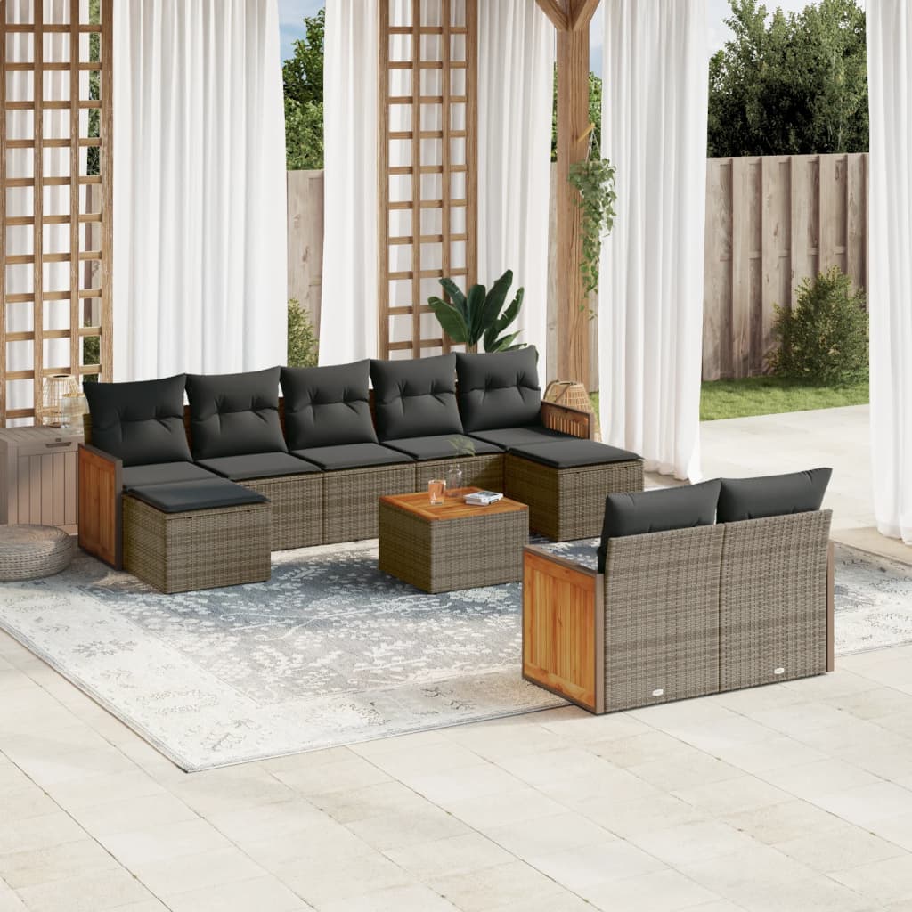 Set Divano da Giardino 10 pz con Cuscini Grigio in Polyrattan - homemem39