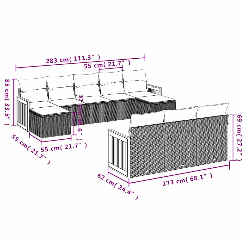 Set Divani da Giardino 10pz con Cuscini in Polyrattan Nero | homemem39