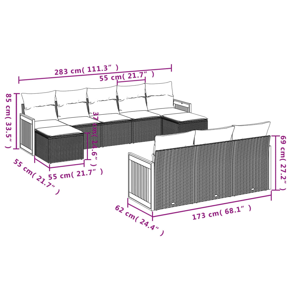 Set Divano da Giardino 10 pz con Cuscini Grigio in Polyrattan | homemem39