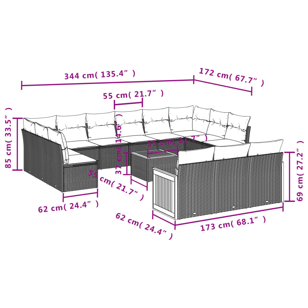 Set Divani da Giardino 14pz con Cuscini in Polyrattan Grigio | homemem39
