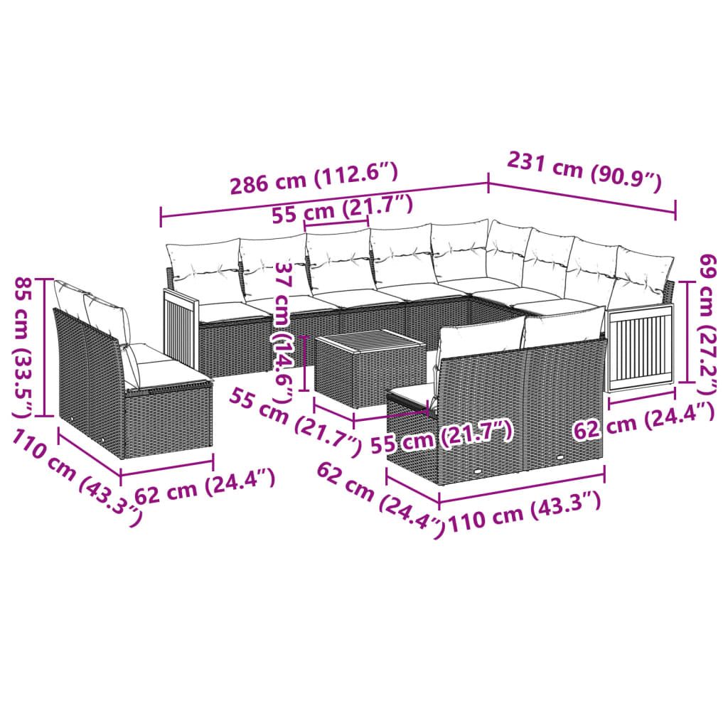 Set Divani da Giardino 13 pz con Cuscini Grigio in Polyrattan | homemem39
