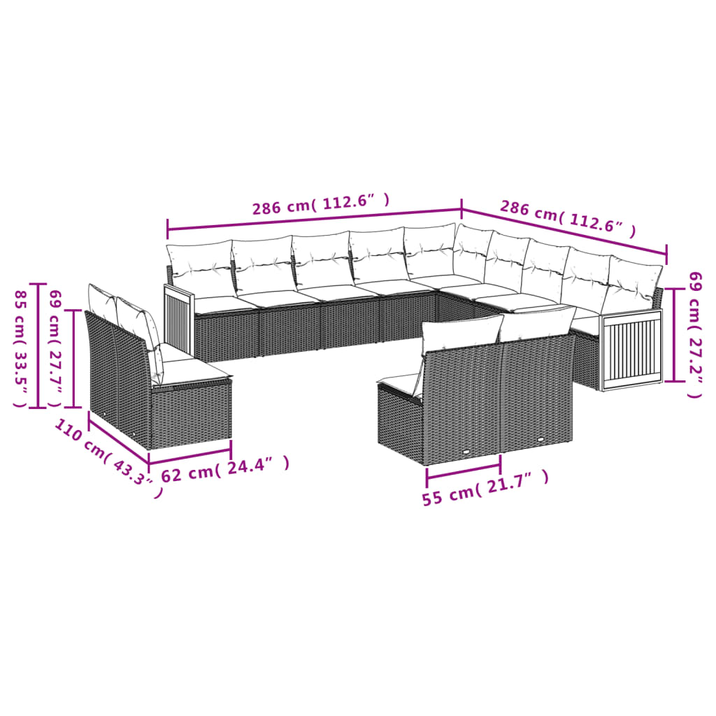 Set Divani da Giardino 13pz con Cuscini Nero in Polyrattan | homemem39